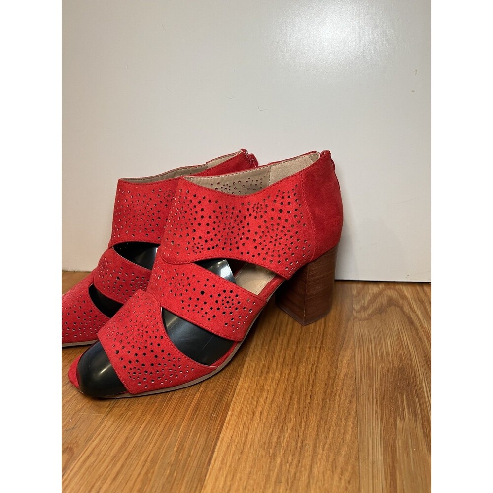 Anabelle Shoes Womens Size 8 Red Cutout Peep Toe Chunky Heel Suede Zip Sandals - Picture 3 of 10